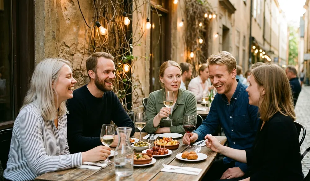 Vänner som äter tillsammans vid en lång trädbänk utomhus